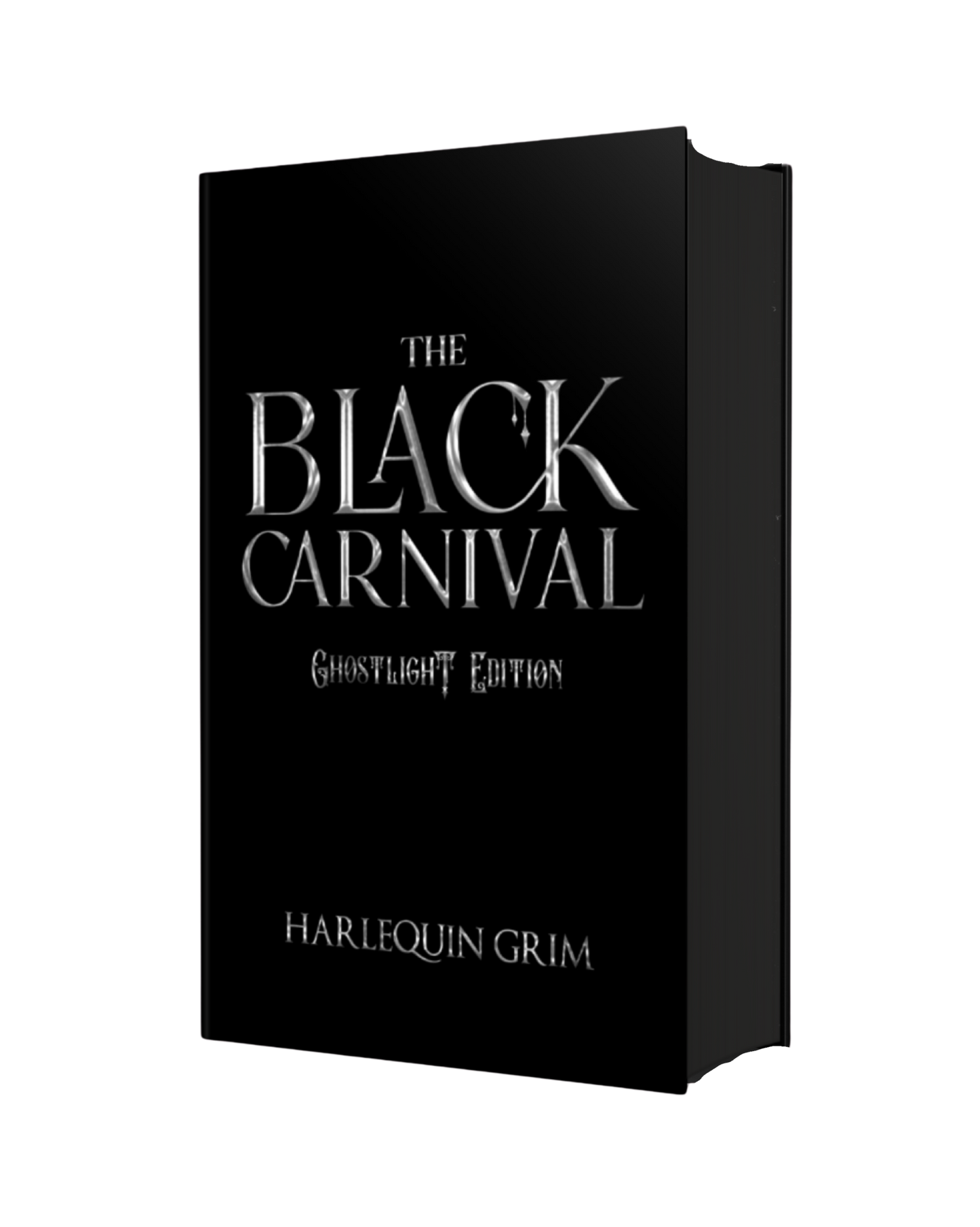 Black book with silver foil titled 'The Black Carnival' by Harlequin Grim on a white background