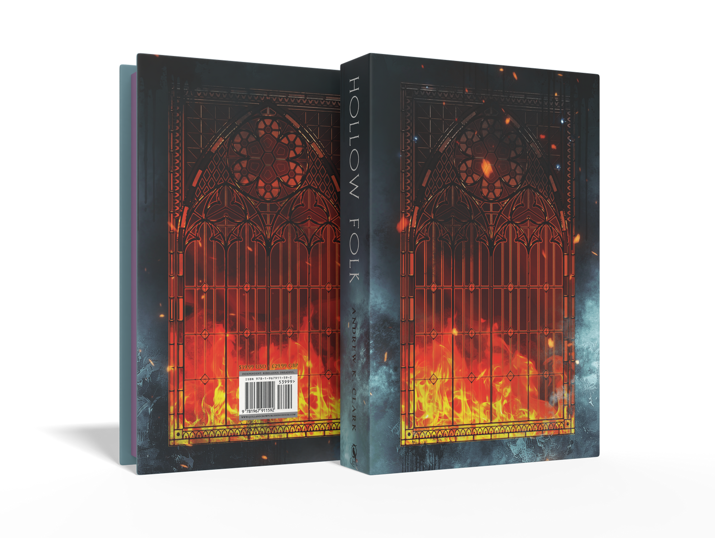 Two hardcover books standing upright on a white studio background, showing the front and back covers. The cover art features a dark gothic arched gate with vivid orange and red flames and embers against a smoky blue-black background.