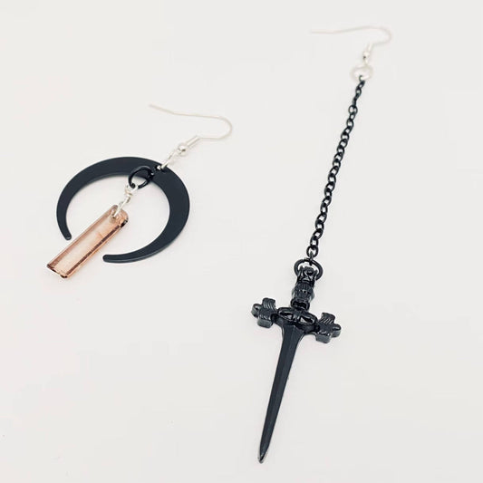 Black Moon & Dagger Asymmetric Earrings