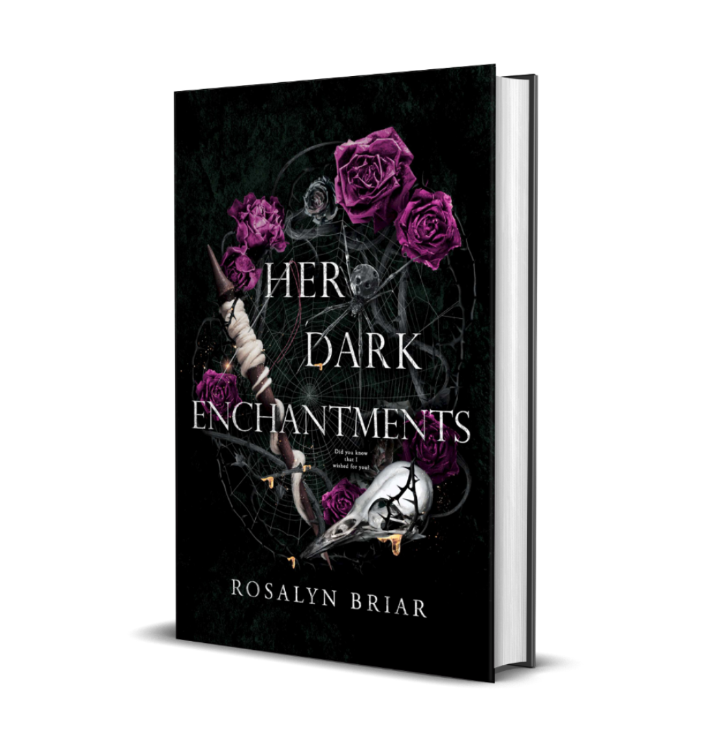 This image features the cover of the book "Her Dark Enchantments" by Rosalyn Briar. The cover design is striking with its dark, moody aesthetic, prominently displaying the title and author's name.