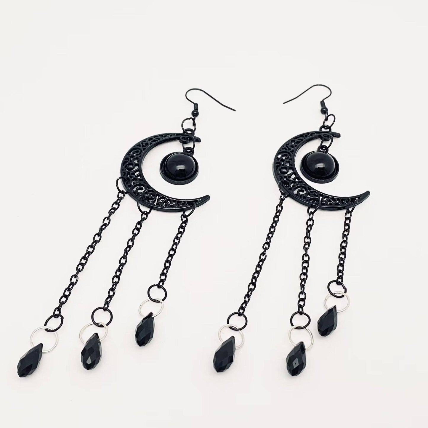 Black Moon Long Chain Tassel Earrings