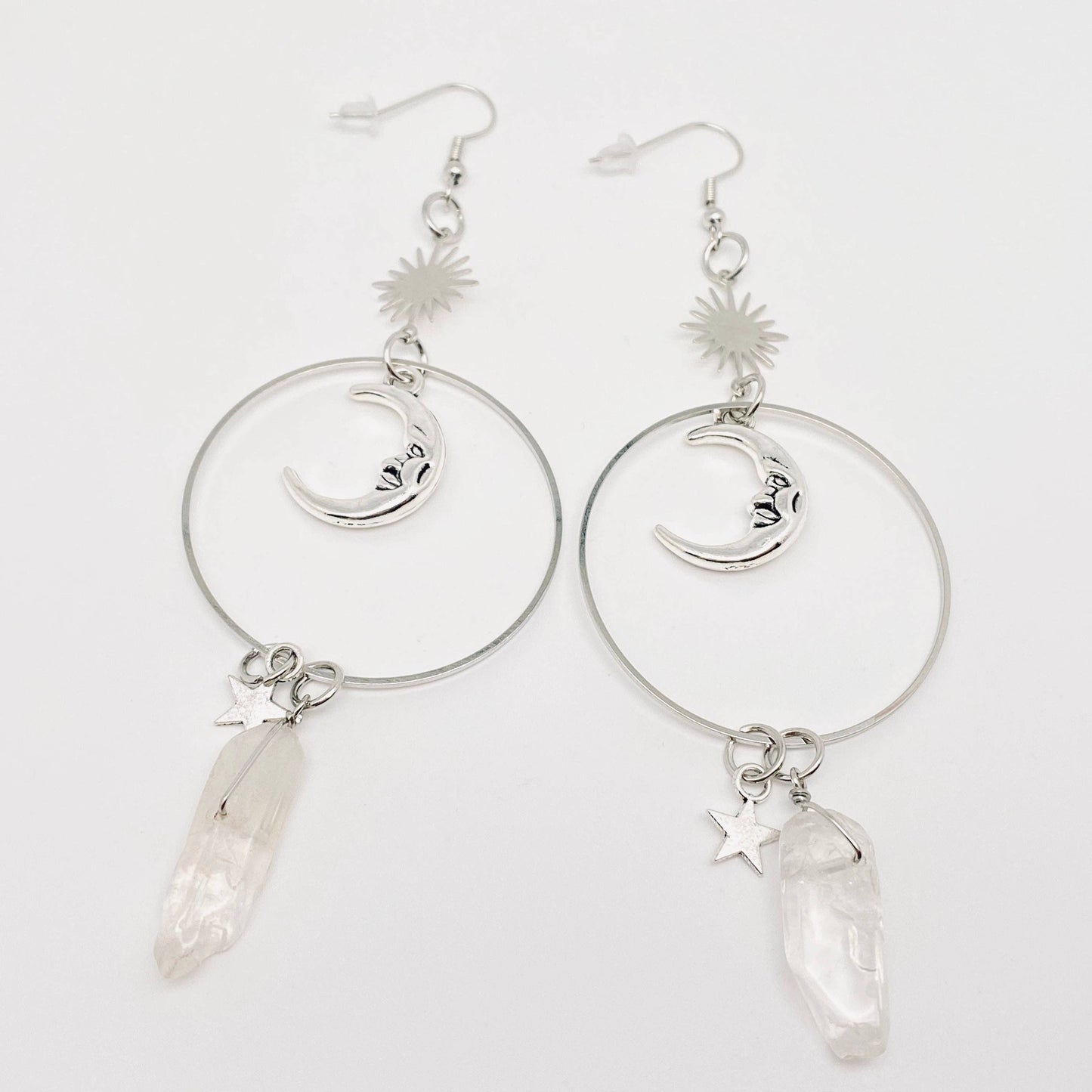Silver Moon & Star Crystal Pendant Earrings
