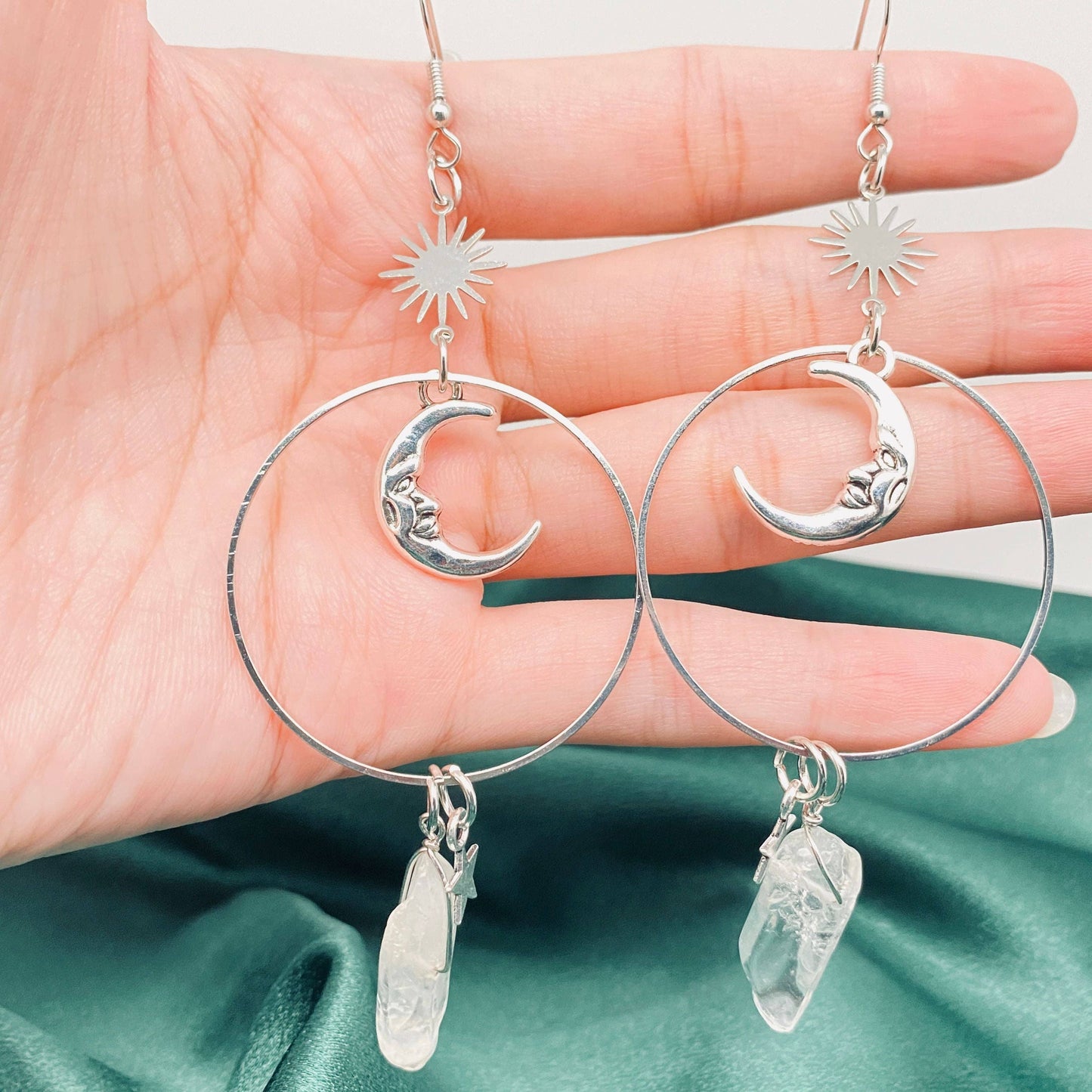 Silver Moon Crystal Pendant Earrings