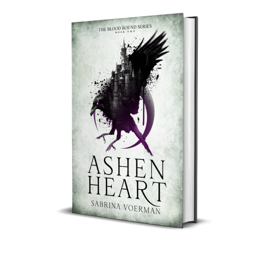 This image features the cover of "Ashen Heart: The Blood Bound Series, Book 2" by Sabrina Voerman. The book cover displays a moody and atmospheric design, with a dark, silhouette-style illustration of a castle permeated by shadowy figures and a ominous bird in flight.