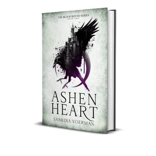 This image features the cover of "Ashen Heart: The Blood Bound Series, Book 2" by Sabrina Voerman. The book cover displays a moody and atmospheric design, with a dark, silhouette-style illustration of a castle permeated by shadowy figures and a ominous bird in flight.