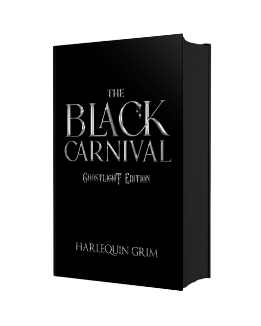Black book with silver foil titled 'The Black Carnival' by Harlequin Grim on a white background