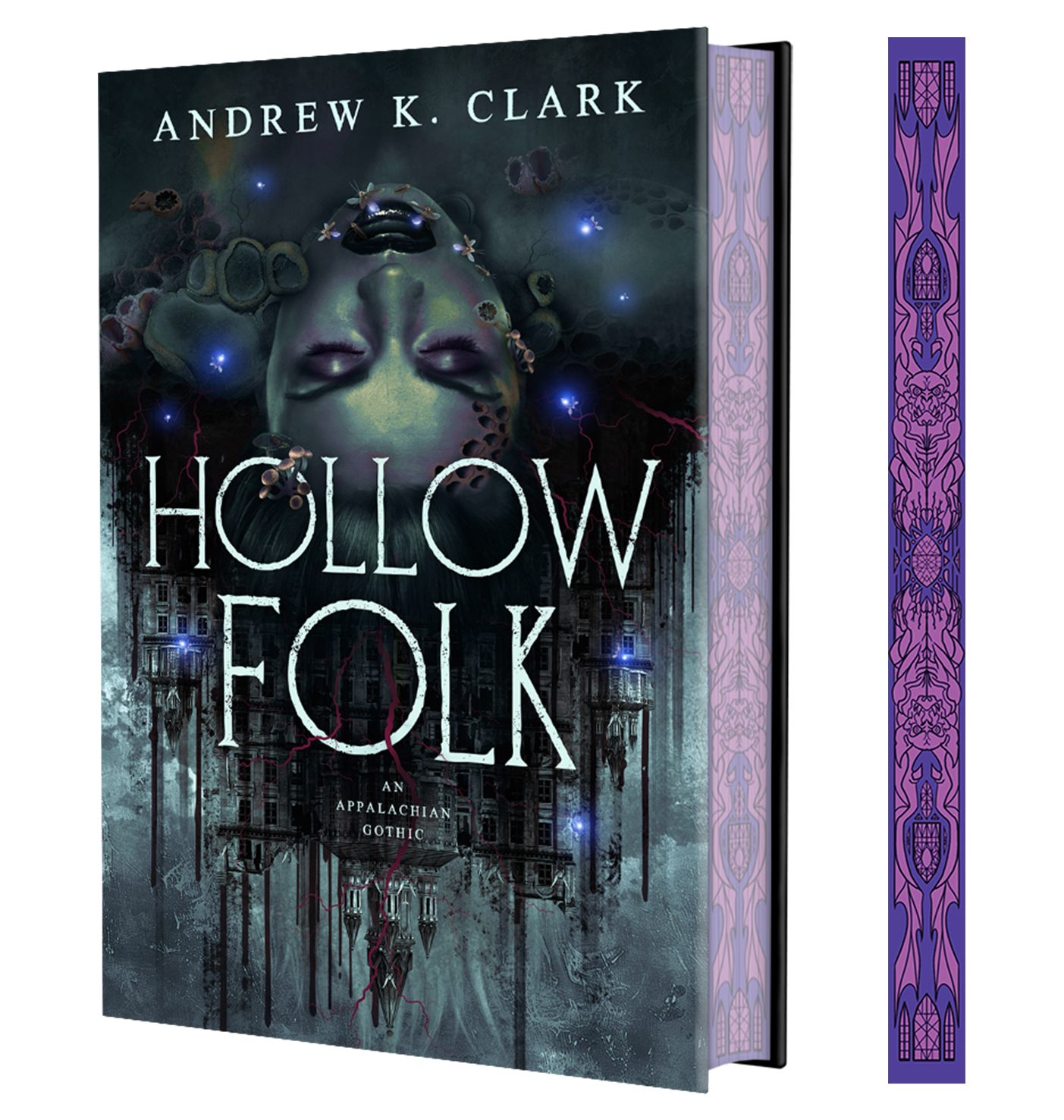 The book cover of 'Hollow Folk' by Andrew K. Clark, shown as a 3D mockup with the front cover and a decorative purple patterned spine visible against a plain white background.