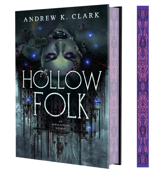 The book cover of 'Hollow Folk' by Andrew K. Clark, shown as a 3D mockup with the front cover and a decorative purple patterned spine visible against a plain white background.