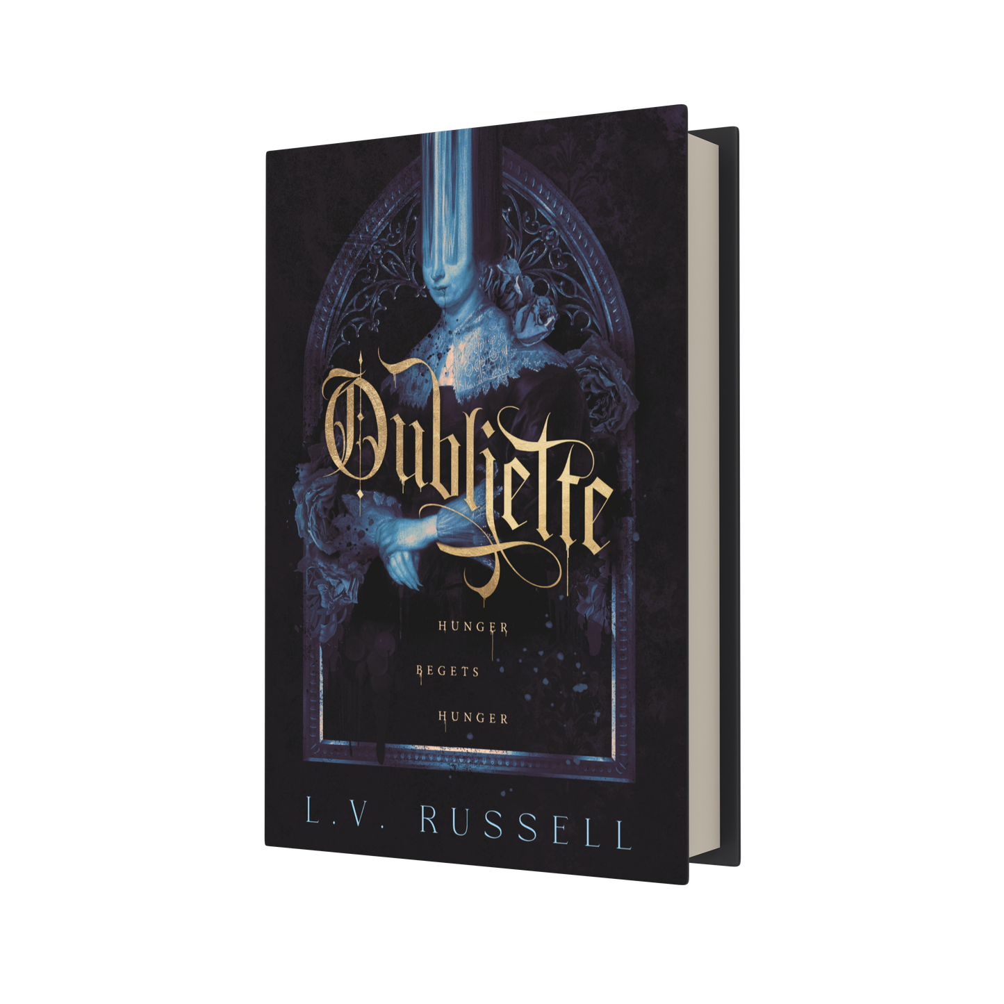 A book titled "Oubliette" by L.V. Russel with a Gothic script title and moody dark blue and light blue coloring.