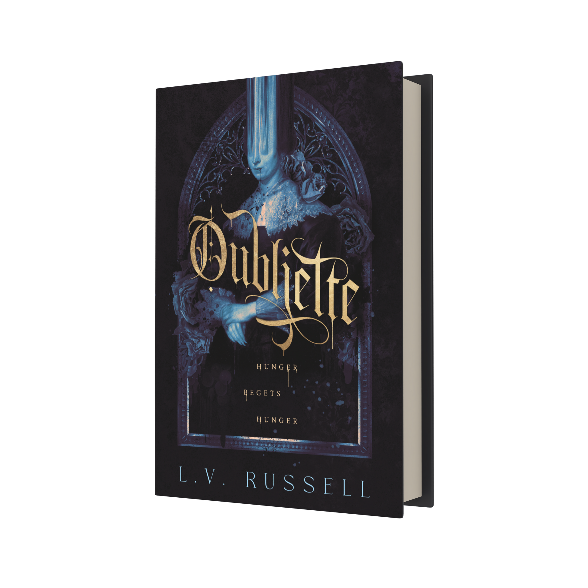A book titled "Oubliette" by L.V. Russel with a Gothic script title and moody dark blue and light blue coloring.