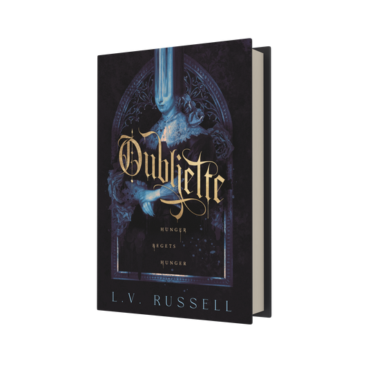 A book titled "Oubliette" by L.V. Russel with a Gothic script title and moody dark blue and light blue coloring.