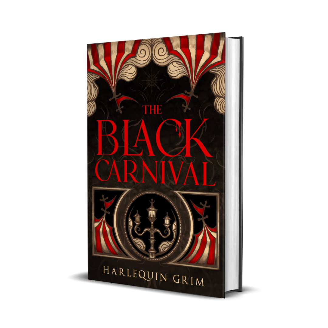 The cover of the book 'The Black Carnival' by Harlequin Grim features a gothic design with red and black colors, a circus tent, and ghostly figures.