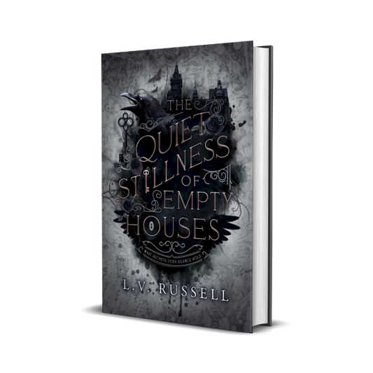This image features the cover of the book "The Quiet Stillness of Empty Houses" by L.V.
