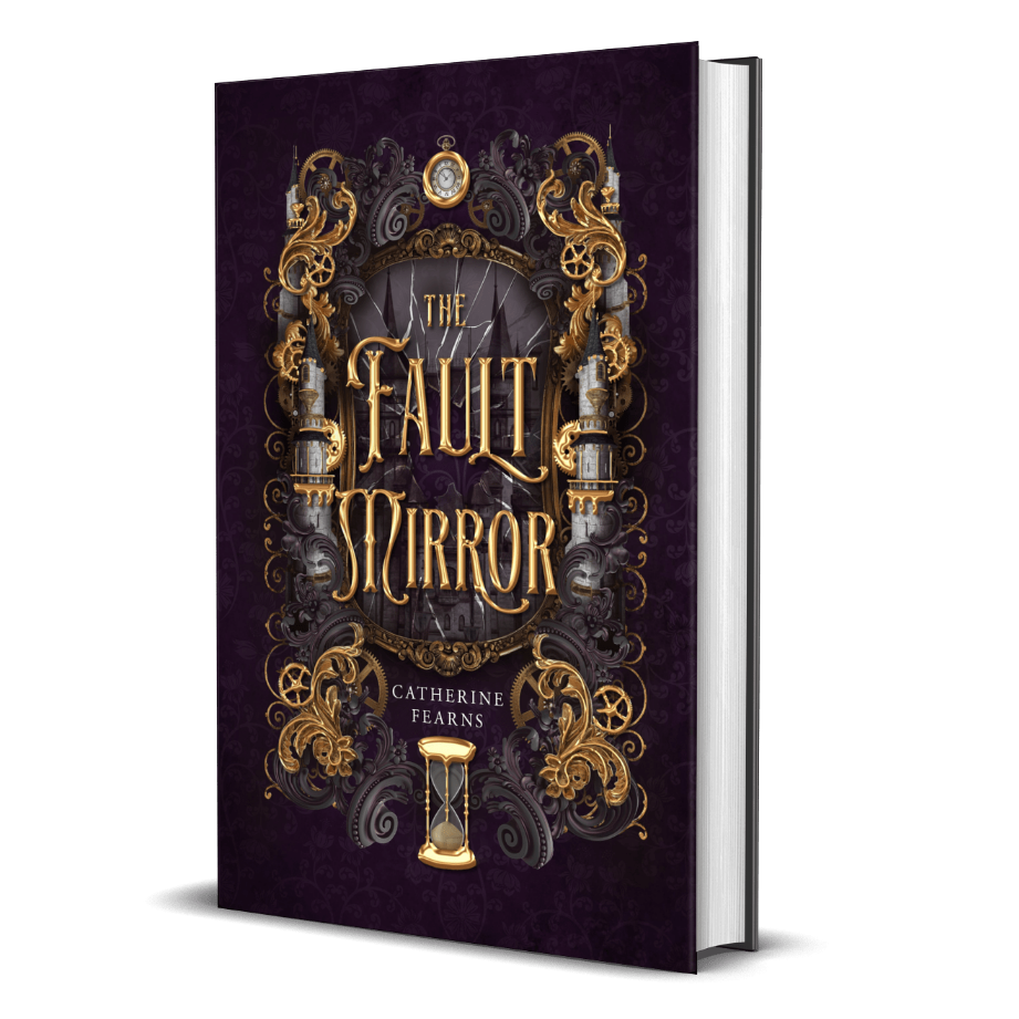 Book cover of 'The Fault Mirror' with ornate gold design on a dark background