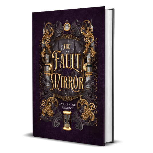Book cover of 'The Fault Mirror' with ornate gold design on a dark background