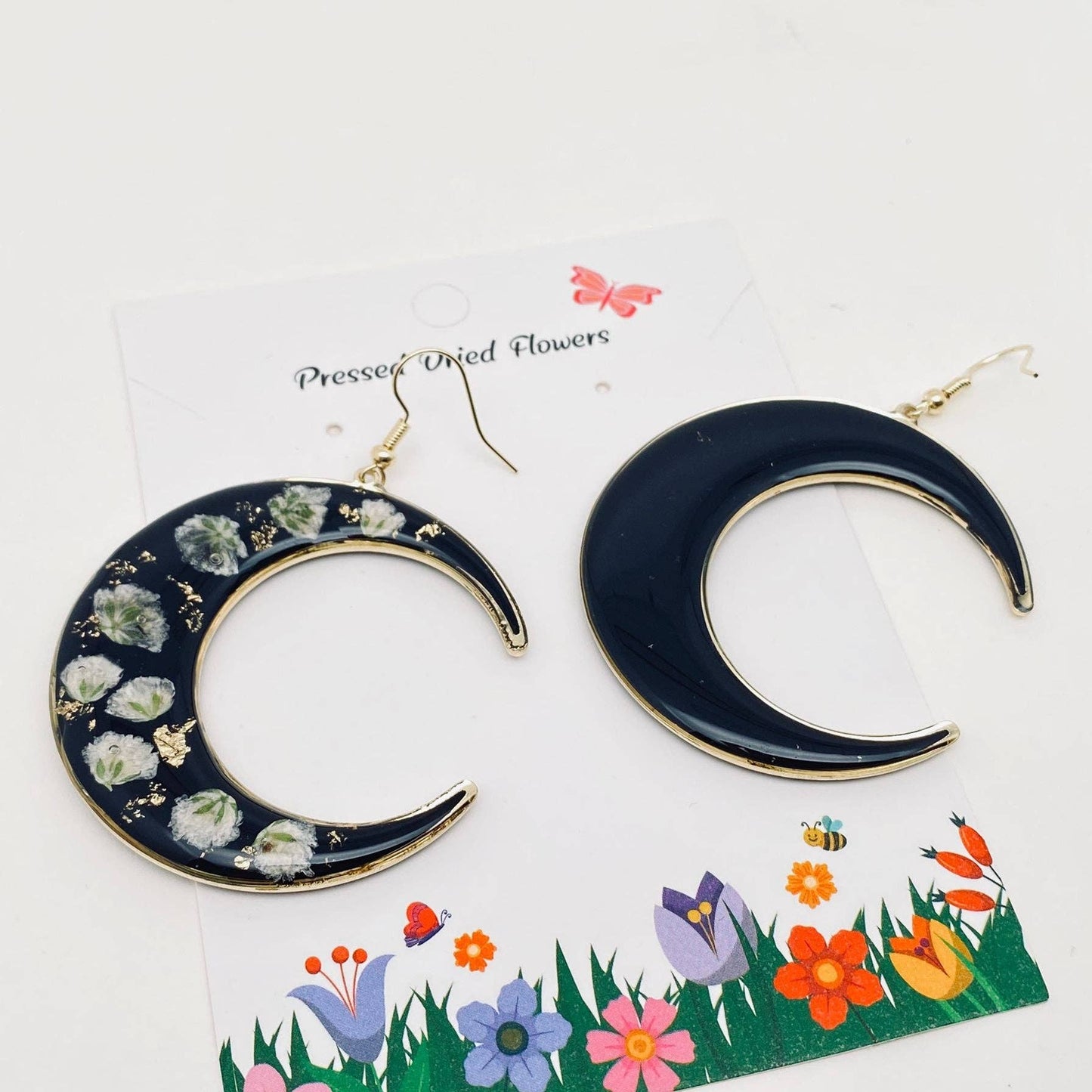 Dried Flower Black Moon Earrings