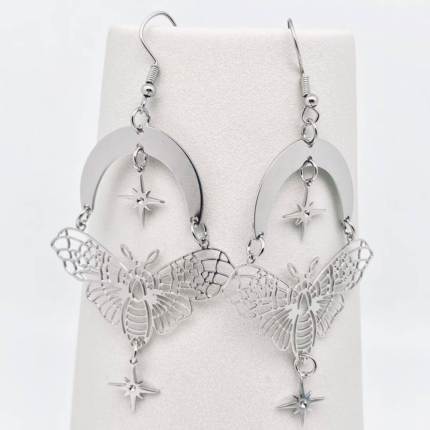 Silver Moth & Moon Earrings