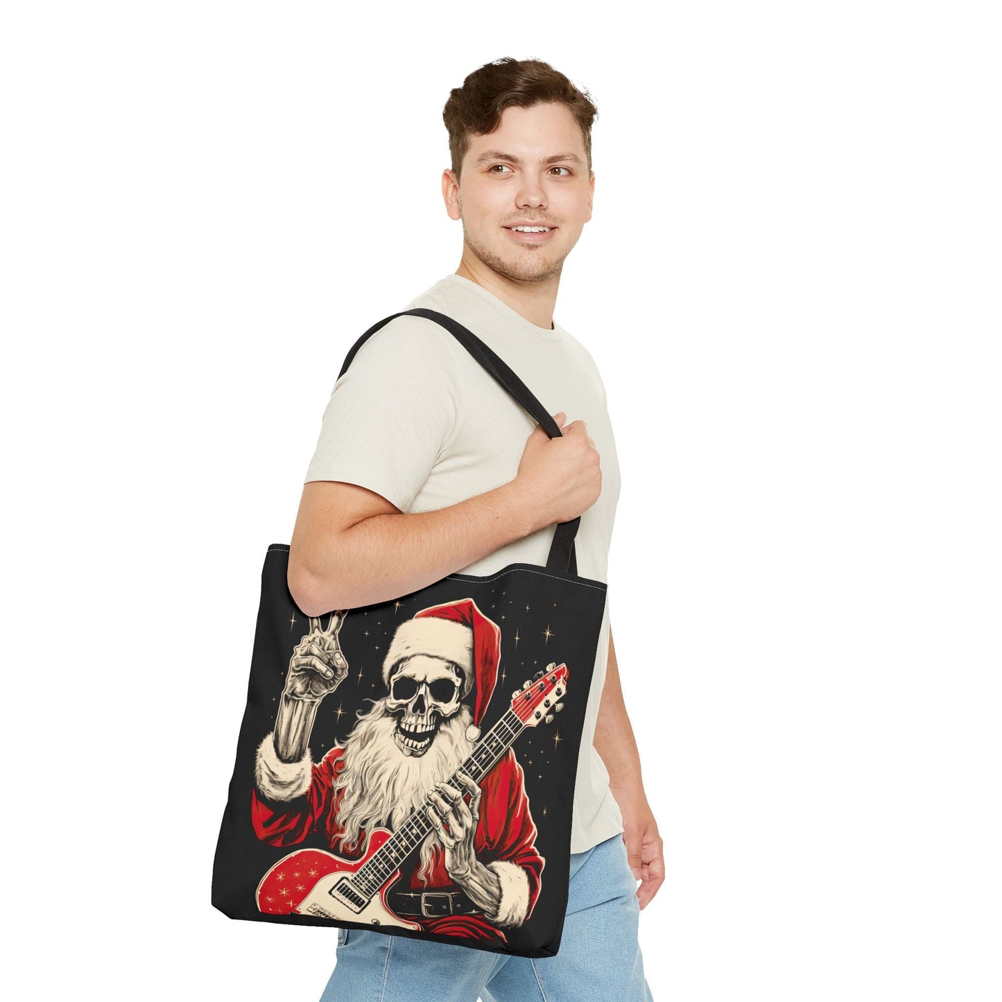 Skeleton Santa Guitar Rock Reusable Gift Bag Tote