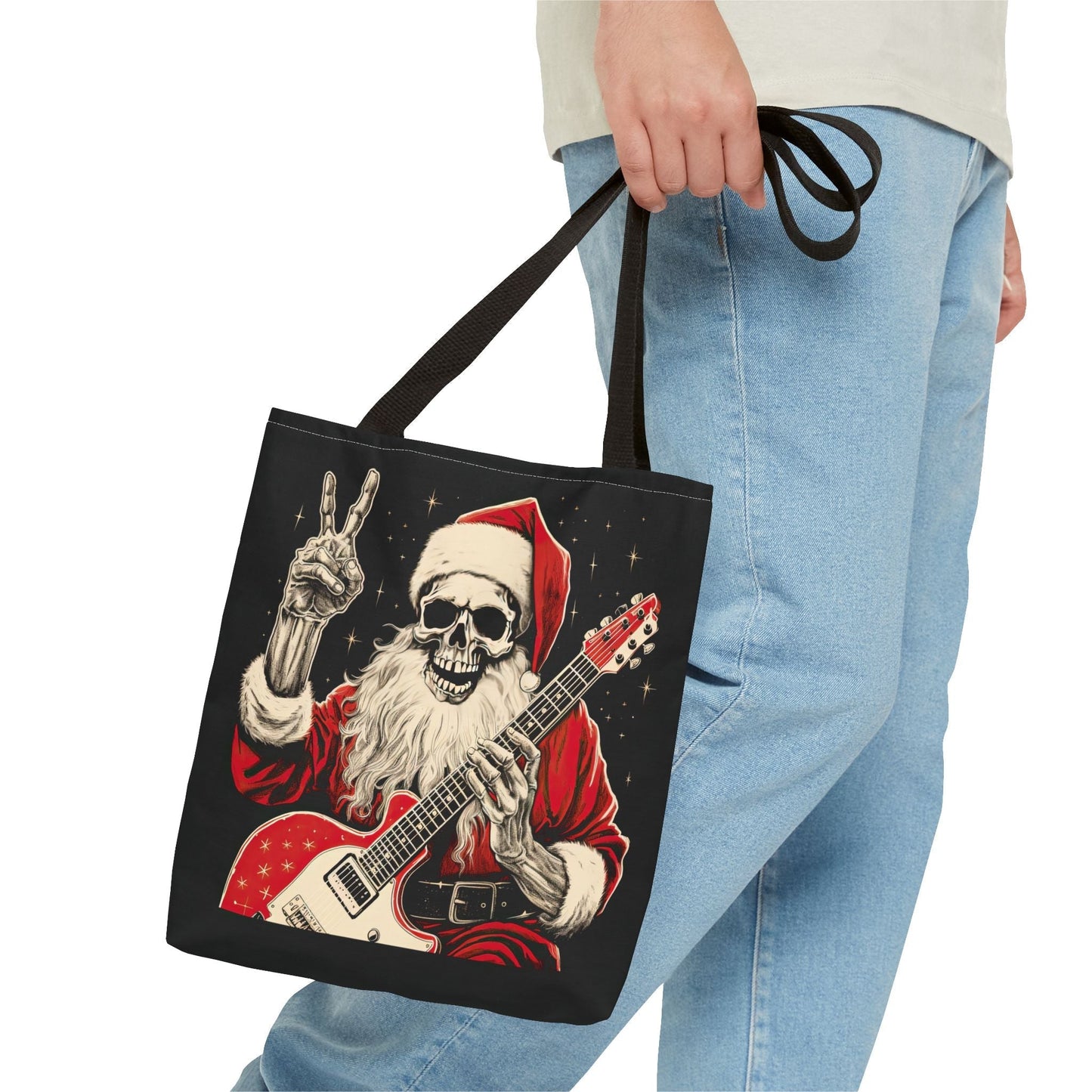 Skeleton Santa Guitar Rock Reusable Gift Bag Tote
