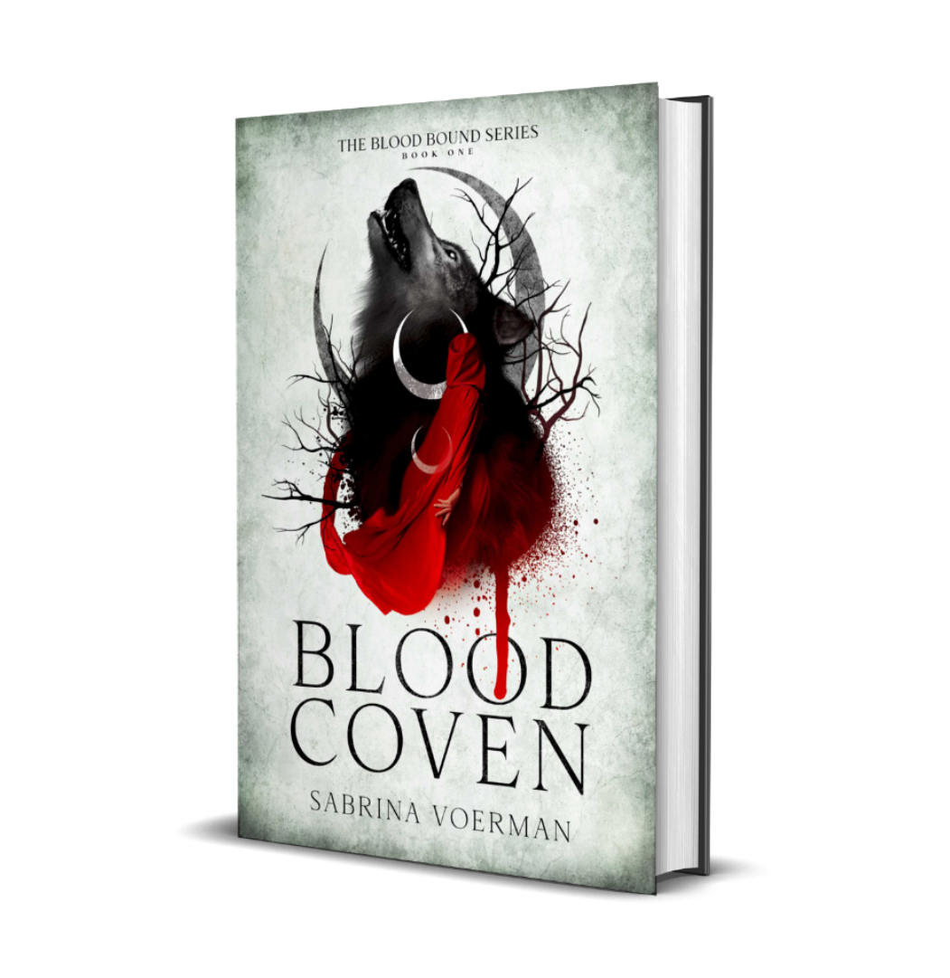 This image features the cover of "Blood Coven: The Blood Bound Series, Book 1" by Sabrina Voerman. The cover art is striking, depicting a dark and moody illustration of a woman with a wolf's head, set against a muted background with splashes of red, enhancing the mystical and eerie feel of the design.