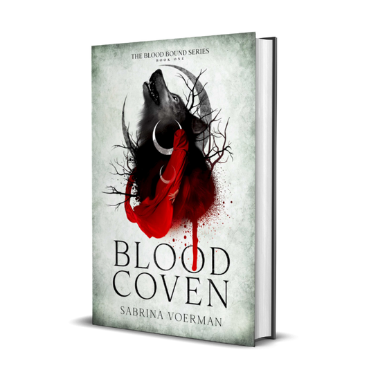 This image features the cover of "Blood Coven: The Blood Bound Series, Book 1" by Sabrina Voerman. The cover art is striking, depicting a dark and moody illustration of a woman with a wolf's head, set against a muted background with splashes of red, enhancing the mystical and eerie feel of the design.